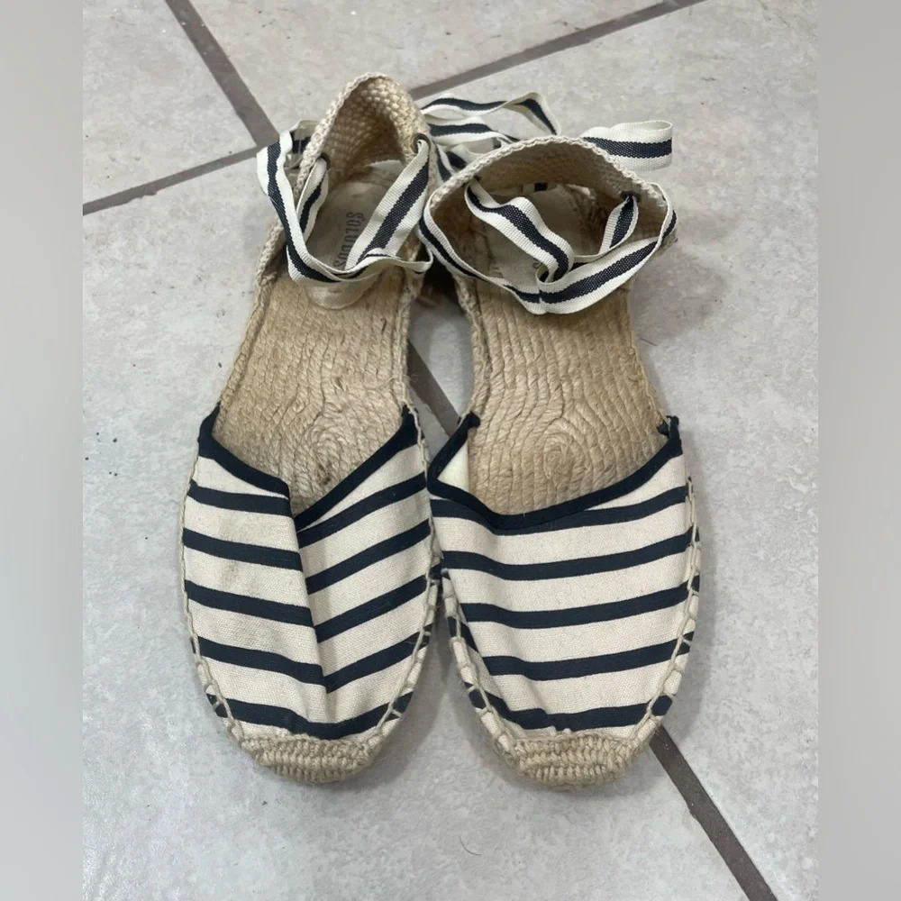 Soludos Cream Black Striped Nautical Strappy Ankle Tie Espadrilles Flats Sz 9.5 - Picture 13 of 13